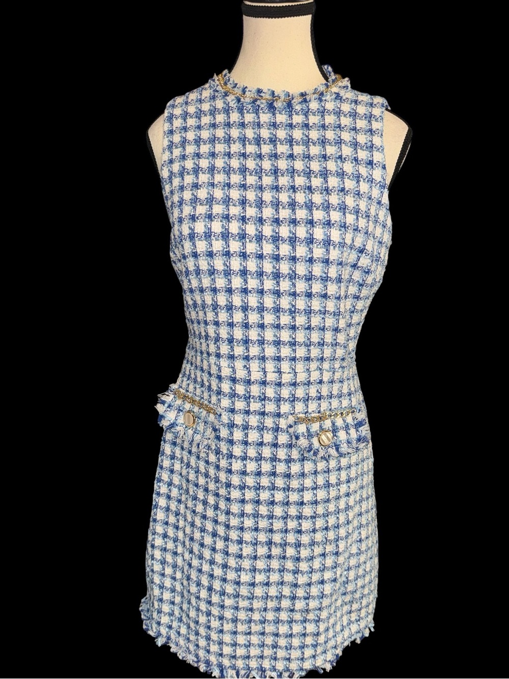 Alexia Admor Women's Klara Tweed Dress 6 Blue Chain Sleeveless Office wedding